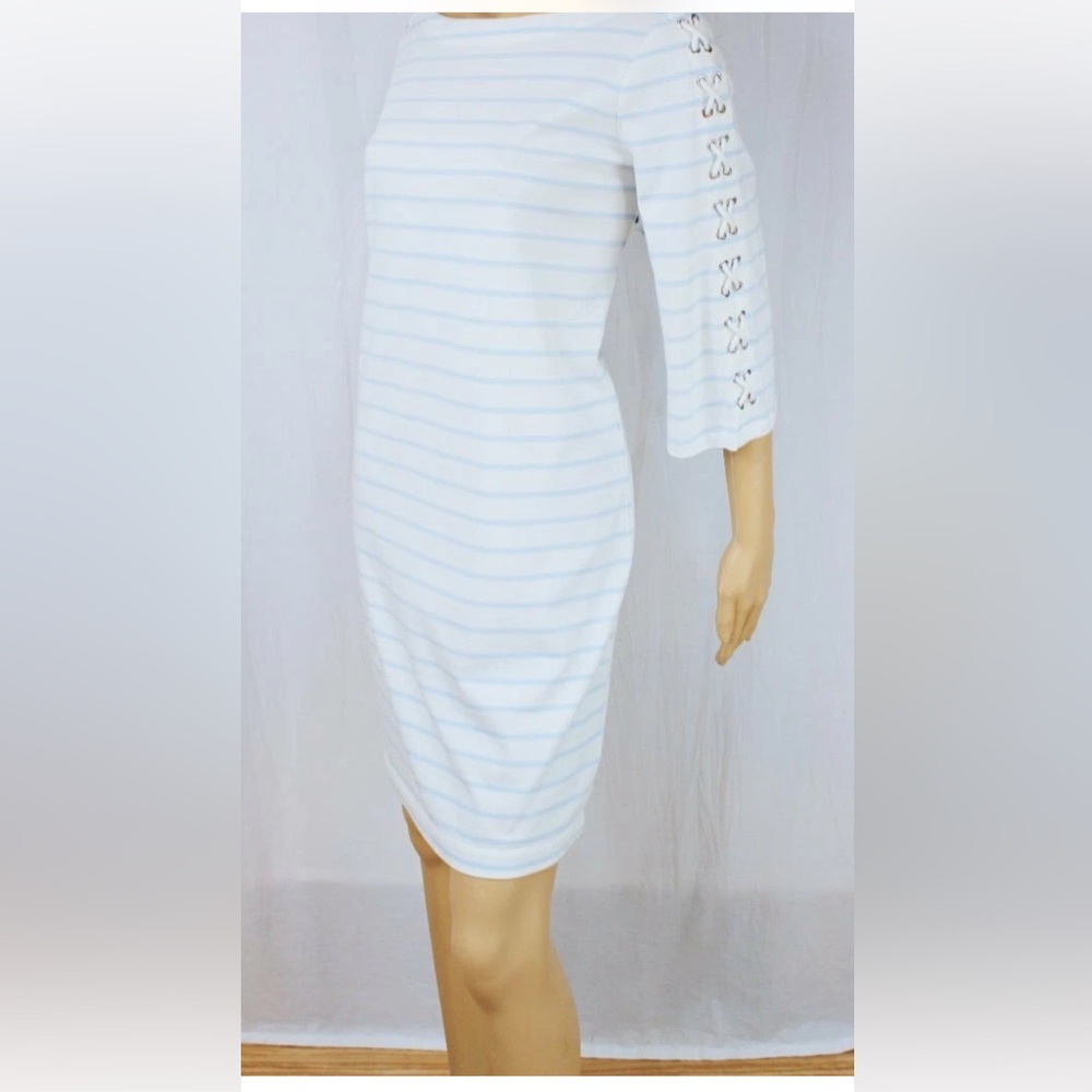*Lauren Ralph Lauren Blue & White Striped Nautical Lace Up Sleeve Shift Dress#Gr